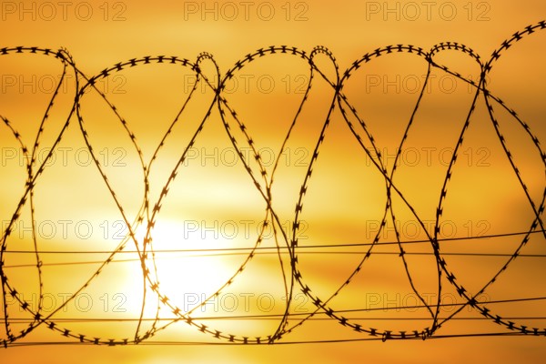 Barbed wire against a dramatic orange sky at sunset conveys an atmosphere of borders and