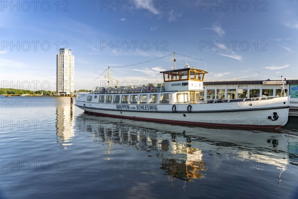 Excursion ship Wappen von Schleswig and the Viking Tower on the Schlei, City of Schleswig,