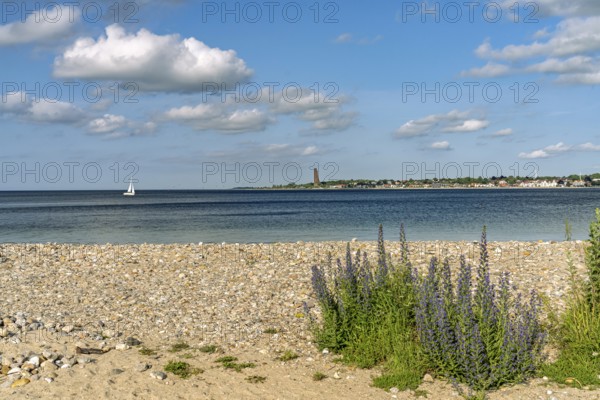 View of Laboe from Falkensteiner Beach with the Naval Memorial on the Kiel Fjord, Kiel,