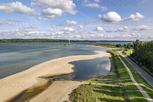 Falkensteiner Beach and Friedrichsort lighthouse on the Kiel Fjord seen from above, Kiel,