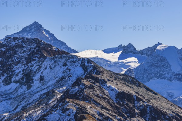 Snow-capped peaks of the Garde de Bordon and Dent d' Herens mountains, Val d'Anniviers, Valais