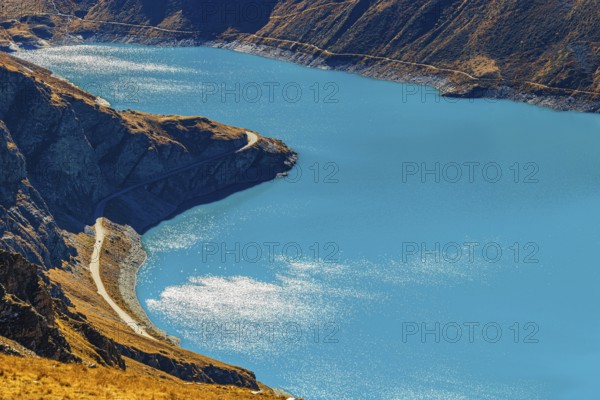 The turquoise Lac de Moiry Reservoir, Val d'Anniviers, Valais Alps, Canton of Valais, Switzerland
