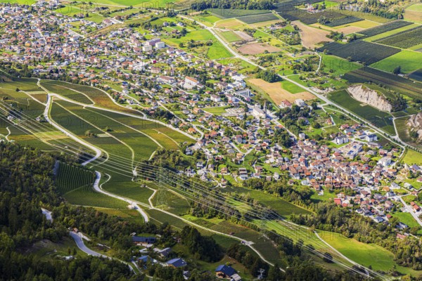 The towns of Chalais and Rechy in the Rhone Valley, view from Vercorin, Val d'Anniviers, Valais