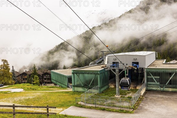Gondola in fog, cable car to Bendolla, Grimentz, Val d'Anniviers, Valais Alps, Canton of Valais,