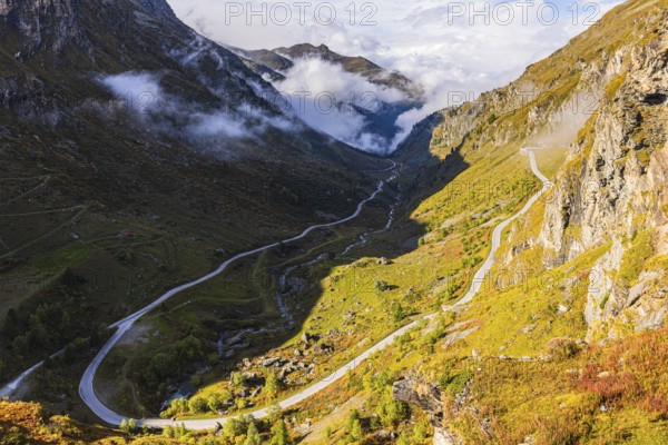 The mountain road from Grimentz to the Lac de Moiry reservoir, Val d'Anniviers, Valais Alps, Canton