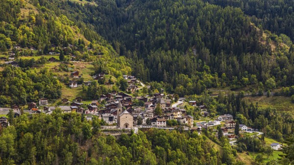 The mountain village of Vissoie with the Sainte-Euphemie church, Val d'Anniviers, Valais Alps,