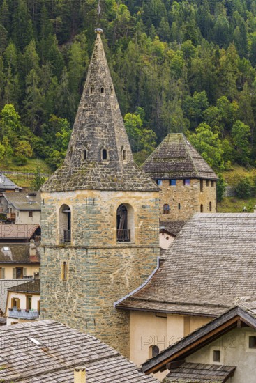 Church tower of the Sainte-Euphemie church and behind it the tower of Anniviers, also known as