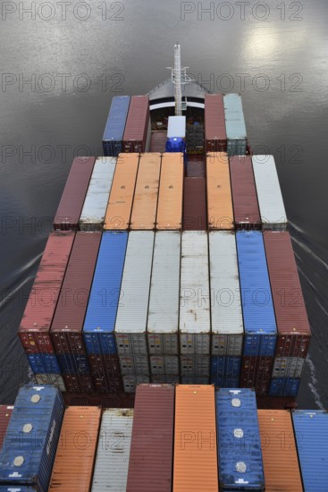 Aerial view of shipping container, container ship NORDIC PORTO photographed from above, Kiel Canal,