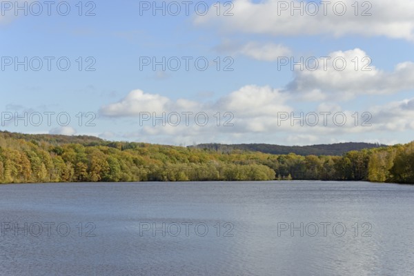 View over Lake Möhnesee, mixed autumn forest on the shore, blue sky, Möhnetalsperre, North