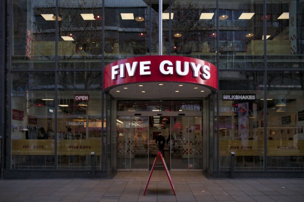 Entrance of the Five Guys fast food chain, burger chain, hamburger, fast food, restaurant, logo,