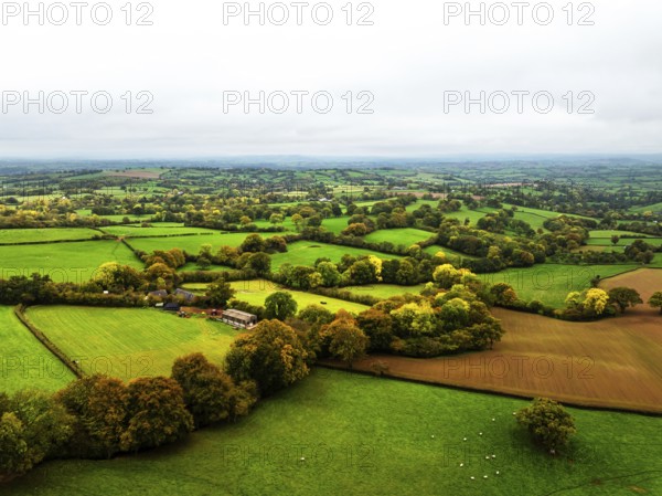 Autumn colours over Wales Farms and Fields from a drone, Grosmont, Abergavenny, Monmouthshire,