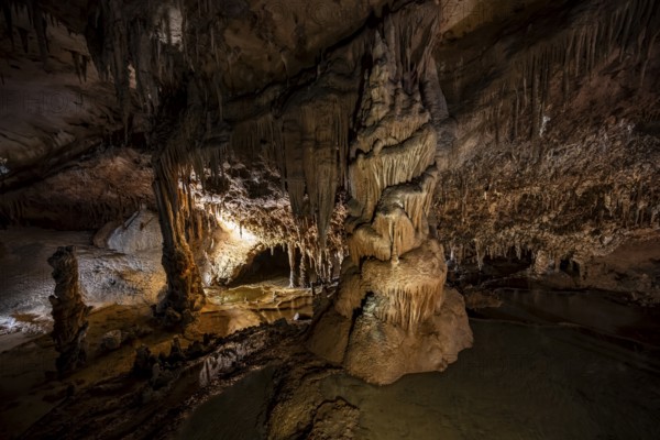 Stalactites and stalagmites, rock formations in a stalactite cave, Grotta del Fico, Gulf of Orosei,