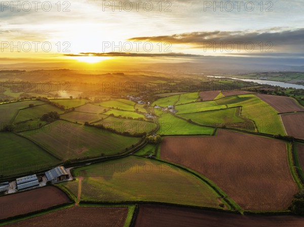 Colours of autumn Fields and Farms over Sheldon from a drone, Torbay, Devon, England, United