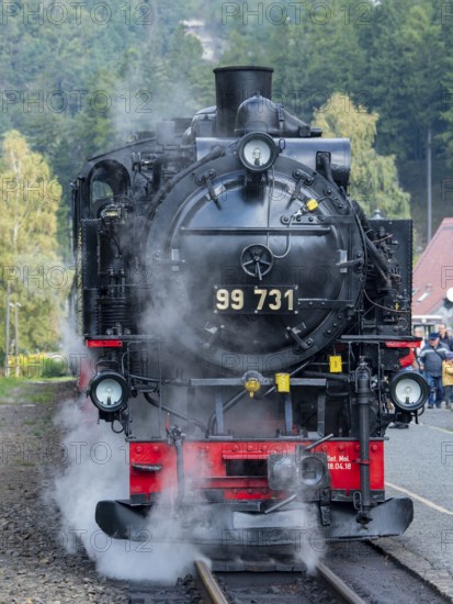 Old steam train in Oybin train station, Zittau Mountains, Saxony, Germany