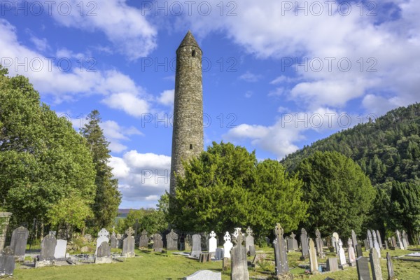Round Tower and Cemetery, Glendalough, Wicklow Mountains National Park, Brockagh, County Wicklow,