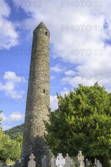 Round Tower and Cemetery, Glendalough, Wicklow Mountains National Park, Brockagh, County Wicklow,