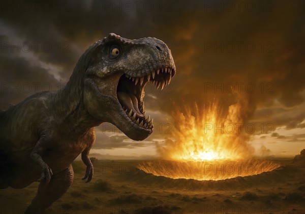 A Tyrannosaurus rex hunts looks startled at a fiery asteroid that hits the earth, symbol carnivore,