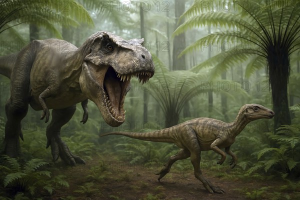 A Tyrannosaurus rex hunts a small dinosaur in a prehistoric forest of ferns, symbol carnivore,