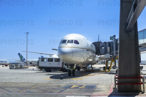 Wide body airplane connected to a jet bridge at an airport gate, ground crew preparing for