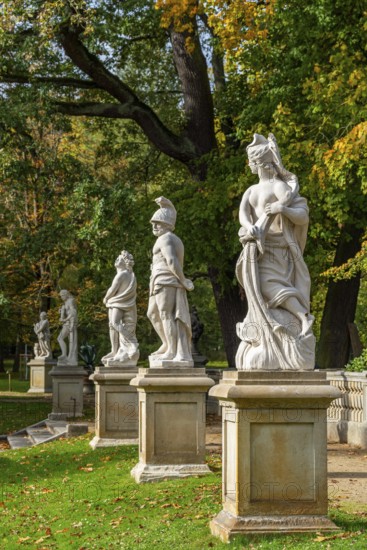 Stone sculptures of Roman and Greek goddesses and gods, Wiepersdorf Castle Park, Wieperdorf,