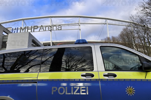 High security game VfB Stuttgart versus Maccabi Tel Aviv FC, police vehicle in front of stadium,