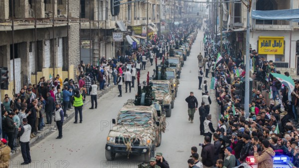 Aleppo, Syria – December 08, 2025: Aerial shots capture the Syrian Army and Public Security forces