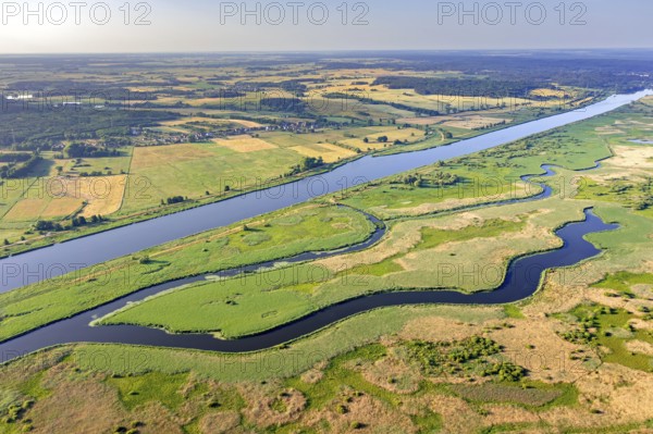 Aerial view over the Oder river in the German-Polish nature reserve Lower Oder Valley International