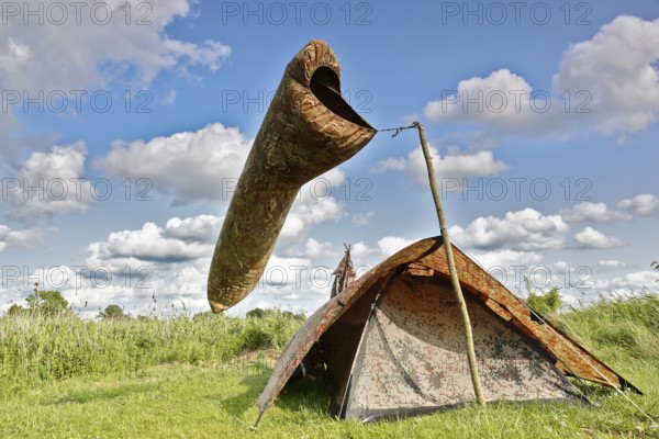 Camp of a nature photographer, pictorial representation of wind, windsock, Peenetal nature park