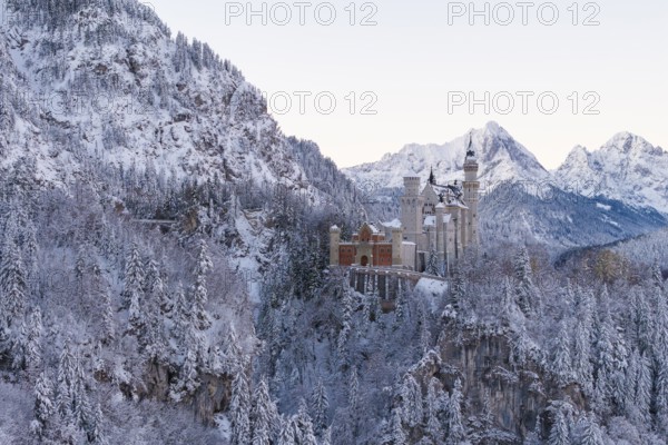 Neuschwanstein Castle in a snowy mountain landscape surrounded by trees, magical and quiet,