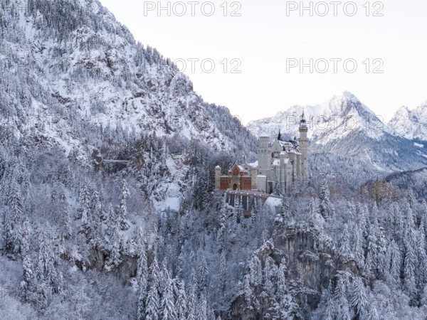 The impressive Neuschwanstein Castle in an idyllic winter landscape full of snow, Schwangau near