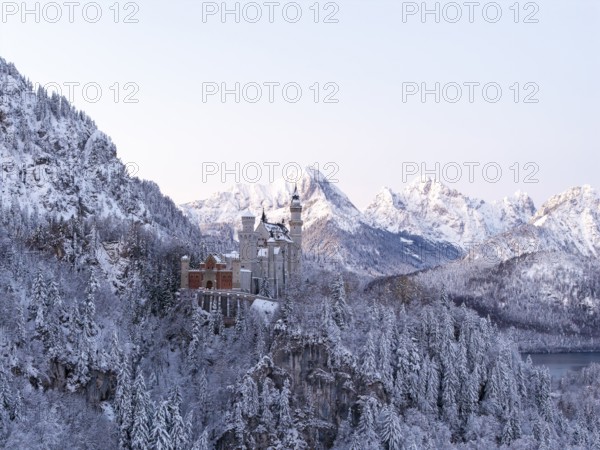 Neuschwanstein Castle in a snowy mountain landscape with a gentle evening mood, Schwangau near