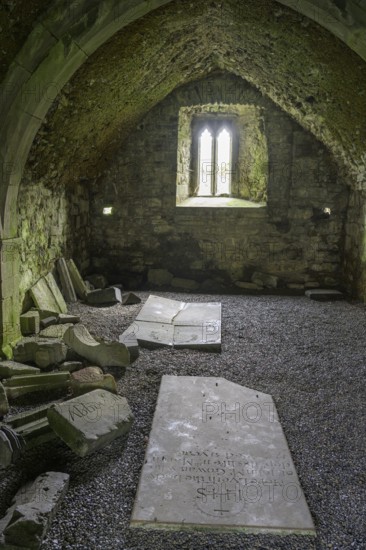 Gravestone lying on the ground in the ruins of Sligo Abbey (Dominican) founded 1253, Sligo, County
