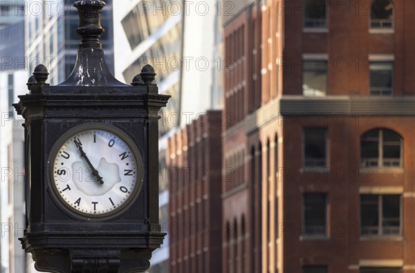 Toronto Union Station clock in front of Union Station, main city passenger transportation hub that