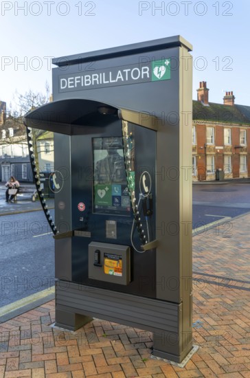 JCDecaux modern public access defibrillator station kiosk communication hub, town centre of