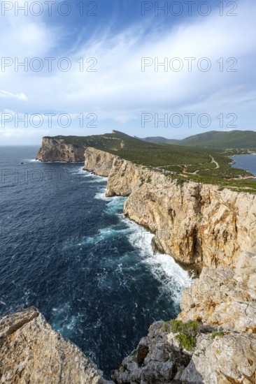 View of steep cliffs by the sea, coastal landscape, cliffs on the Capo Caccia headland, Alghero,