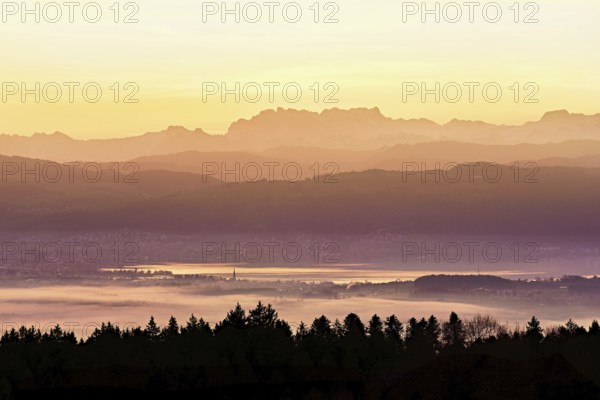View from Horben of Lake Zug with the city of Cham and Zug covered in fog, behind it the