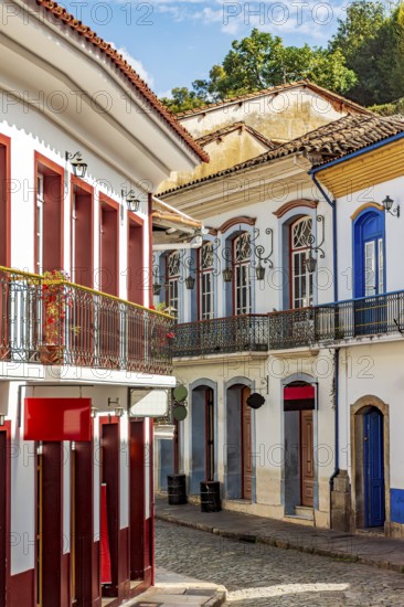 Old mansions and cobblestone paving on the historic streets of Ouro Preto, Ouro Preto, Minas