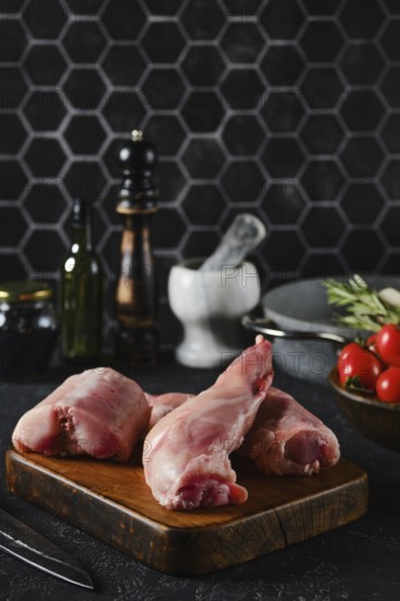 Rabbit hind legs sit on a wooden cutting board, surrounded by herbs, tomatoes, and kitchen tools.