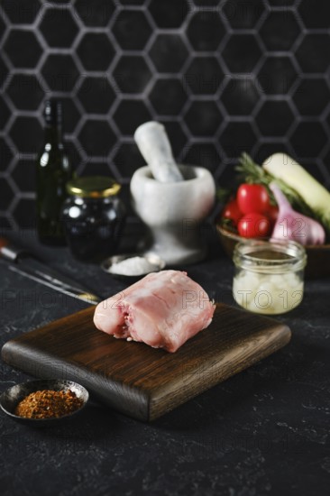 A raw rabbit saddle loin on a wooden cutting board in a kitchen setting. Fresh vegetables and
