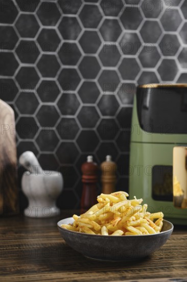 Freshly cooked golden fries are piled in a rustic bowl placed on a wooden kitchen counter. A