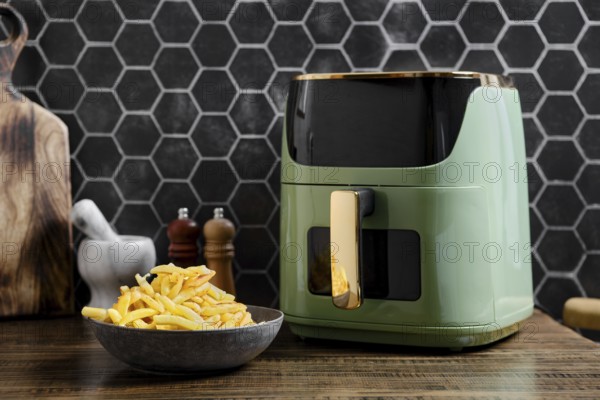 A sleek air fryer is on a wooden countertop in a contemporary kitchen. A bowl of golden, crispy