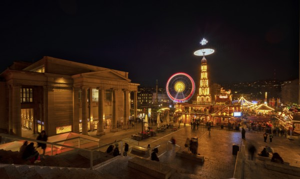 Night view, Christmas market with Christmas pyramid, Ferris wheel, New Palace, Schlossplatz,