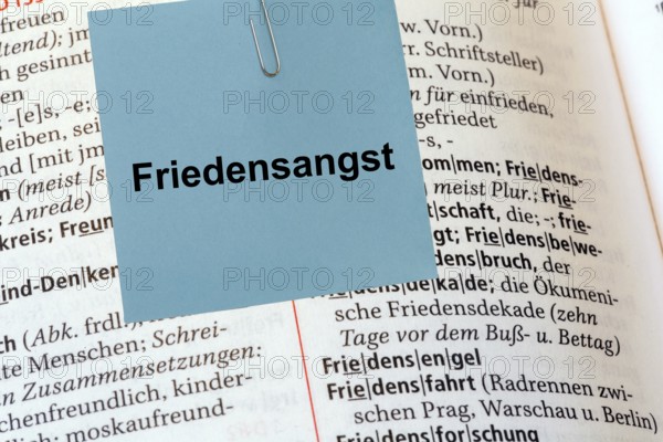 (photo montage) Notes with the inscription FEAR OF PEACE in front of a duden***The term has