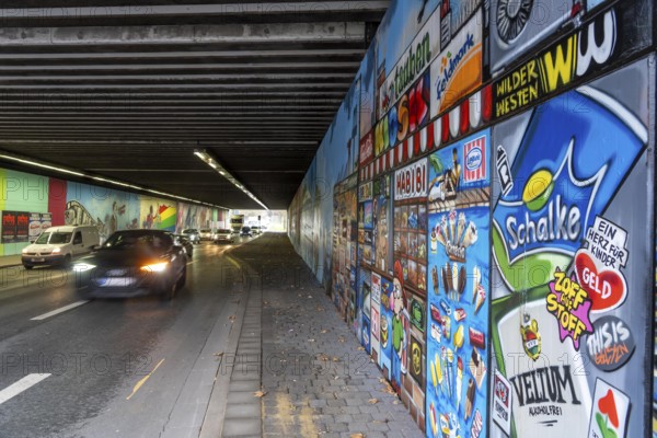 Huge street art pictures in a road tunnel in Gelsenkirchen, the approximately 120 meter long