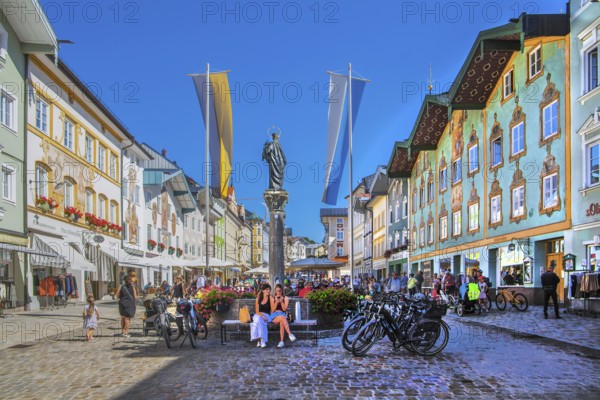 Historic market street with typical gabled houses, Bad Tölz. Isartal, Upper Bavaria, Bavaria,