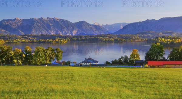 Panorama of Staffelsee with Estergebirge and Wetterstein Mountains, Uffing am Staffelsee, The Blue