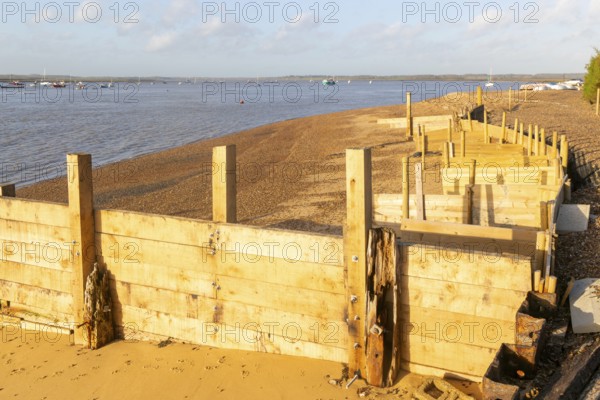 Temporary coastal defences erected by Bawdsey Haven Yacht Club, response to rapid erosion beach