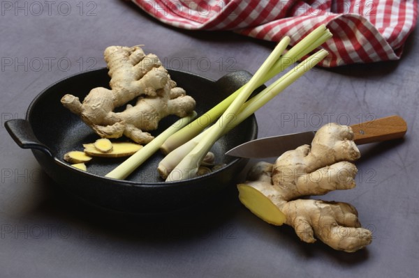 Ginger, ginger root and lemongrass in pot