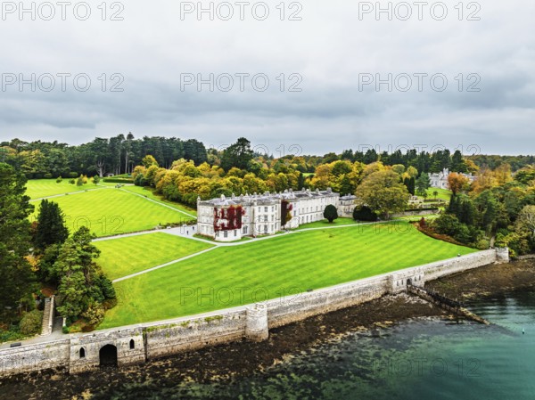 Autumn over Plas Newydd House from a drone, Gardens and Parkland, Llanfairpwllgwyngyll, Anglesey,