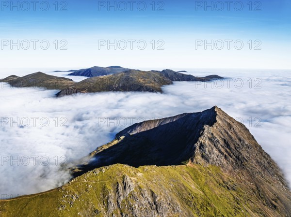 Snowdon Massif from a drone, Snowdon Range, Snowdonia, North Wales, UK